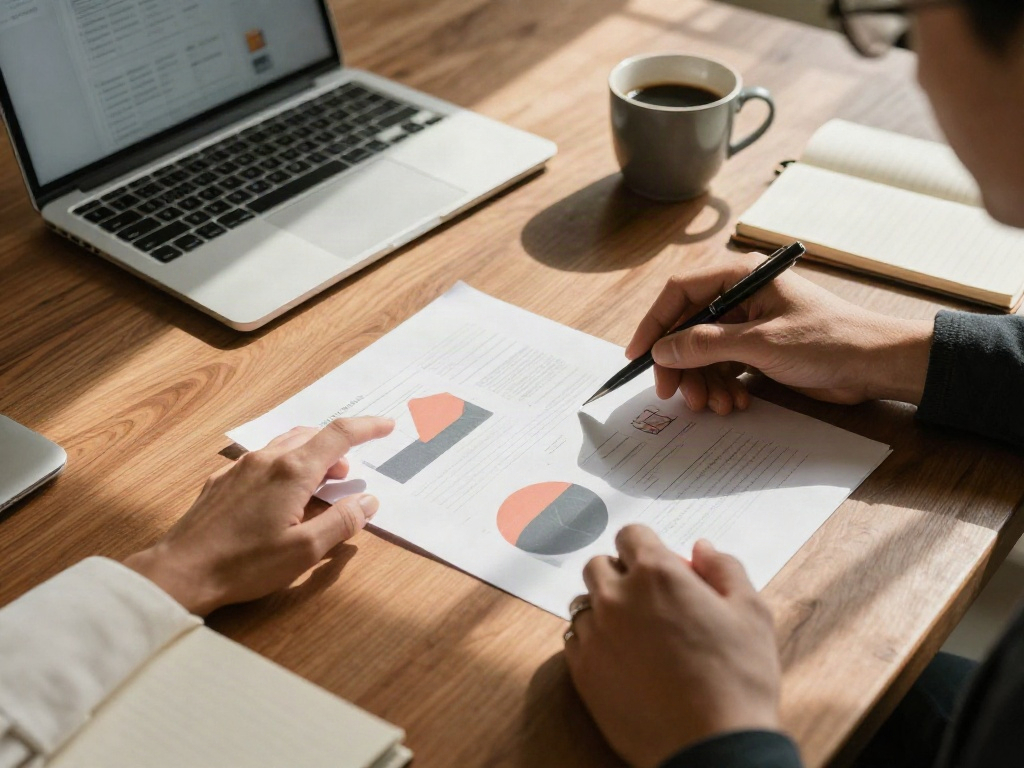 A collaborative business review with printed charts, a notebook and a laptop on a sunlit desk