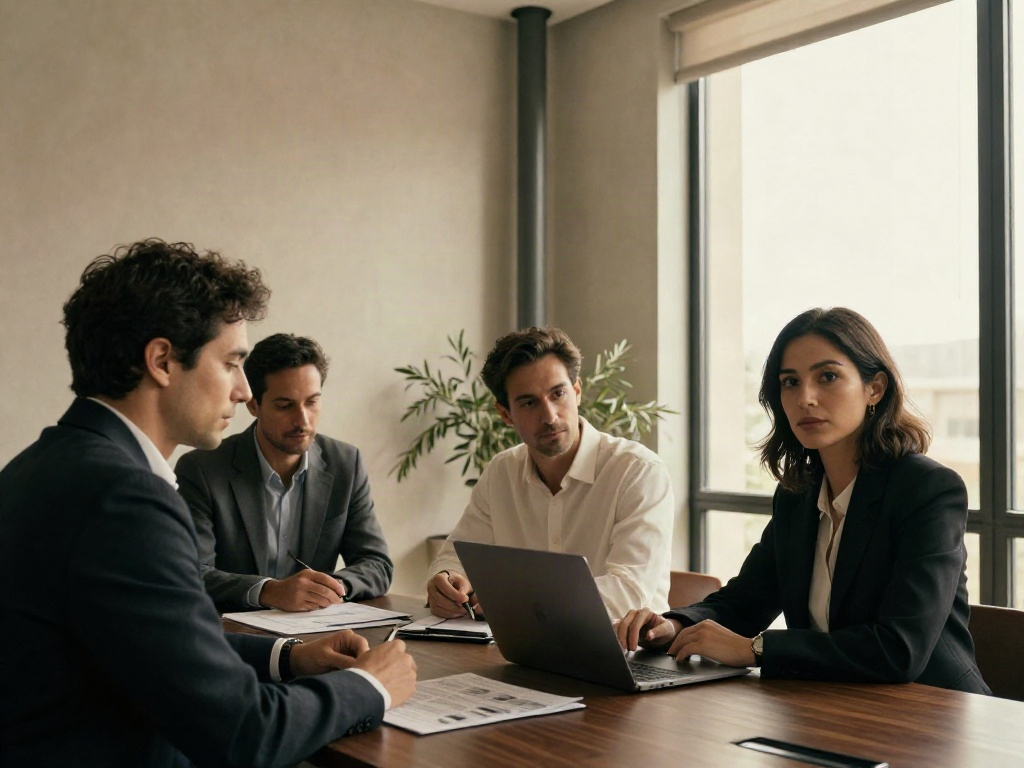 Professionals collaborating on business analytics and strategy around a meeting table